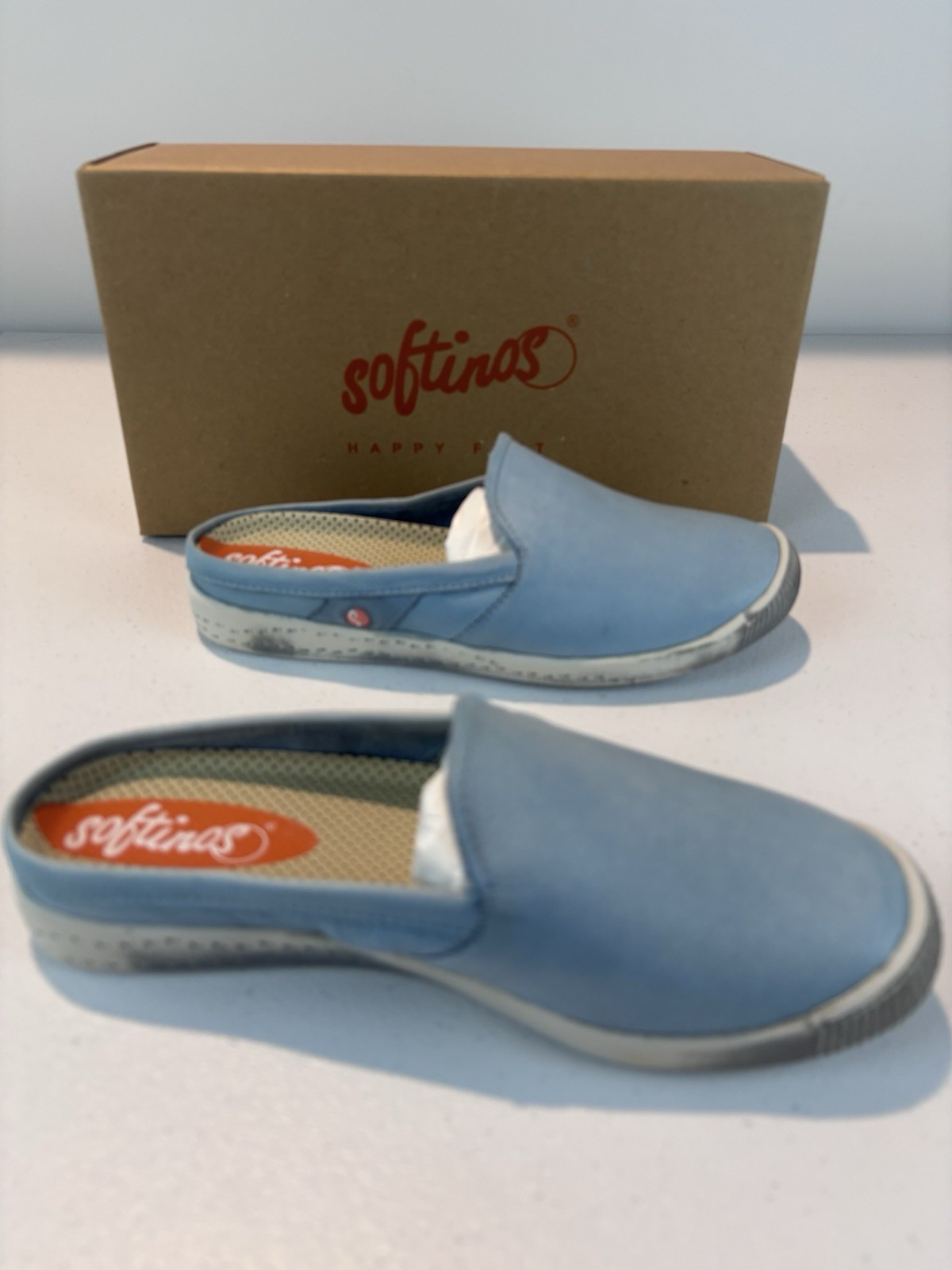 Softinos by FLY London IMO Washed Leather Mules Pastel Blue EU 36 NIB