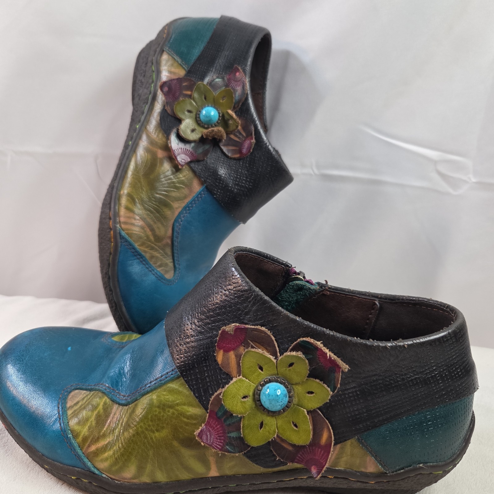 Socofy Bohemian Women’s Flat Side Zip Blue Purple Floral Shoe Size 38 / 7.5 7-8