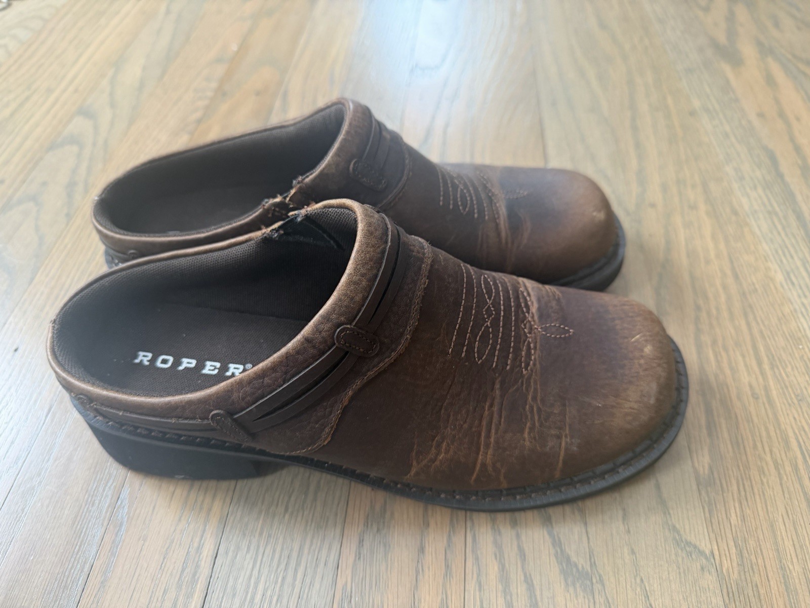 Roper Womens Size 8.5 Brown Leather Slip On Casual Western Cowboy Mule Shoes