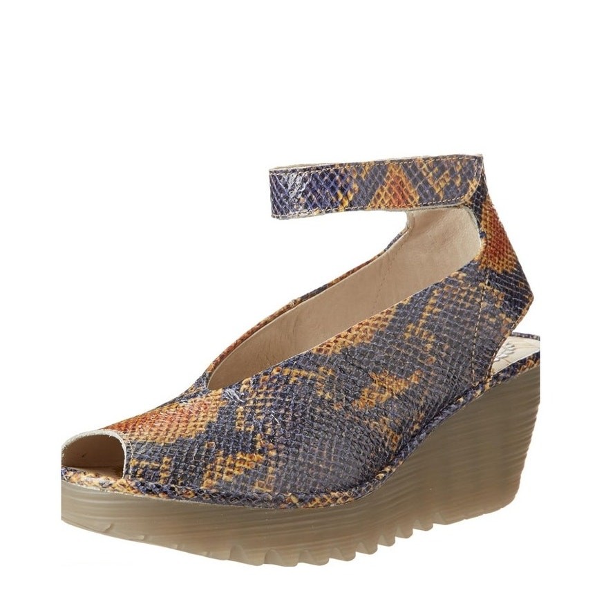Fly London Yala Wedge Womens Size 39 Leather Snake Print Ankle Strap Peep Toe