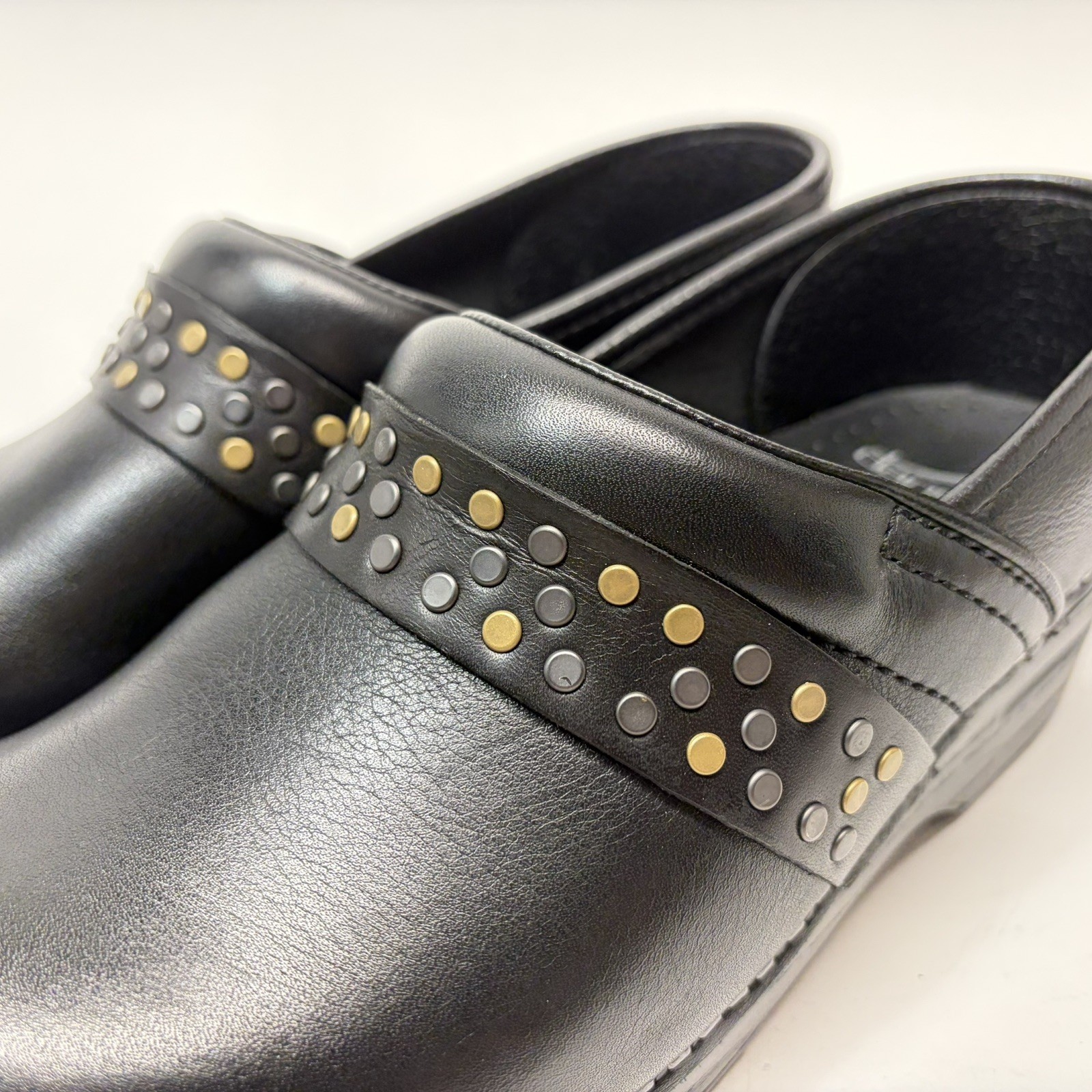 Dansko Pavan Clogs Black Leather Studded Strap Comfort Shoes Walking Size 38