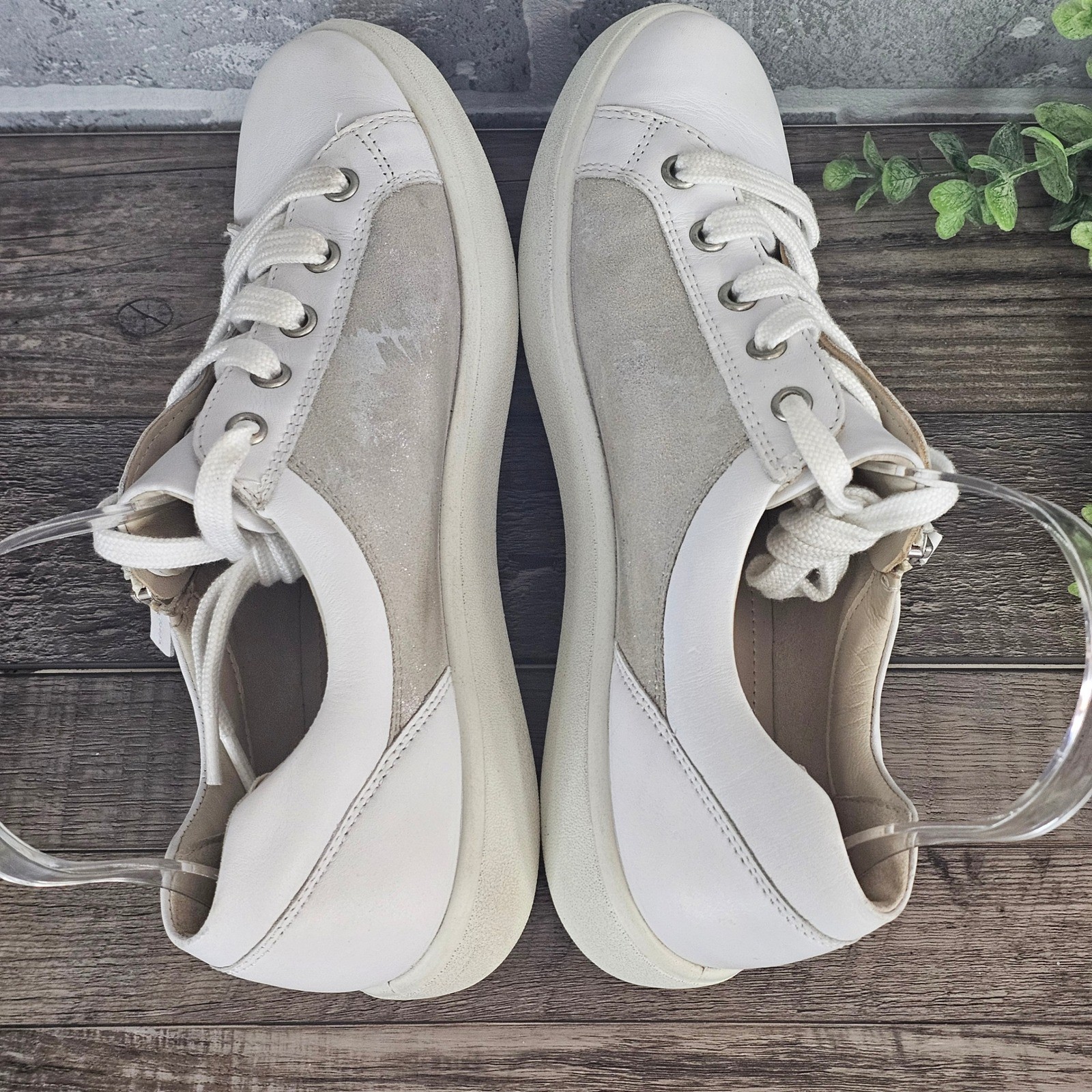 Hotter Chase Metallic Leather Sneakers White Beige Side Zip Comfort Women 8