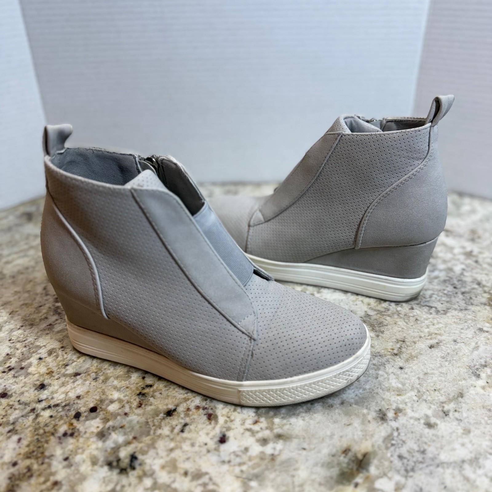 Grey Perforated Faux Suede Hidden Wedge High Top Sneakers Zip Up Booties 7.5