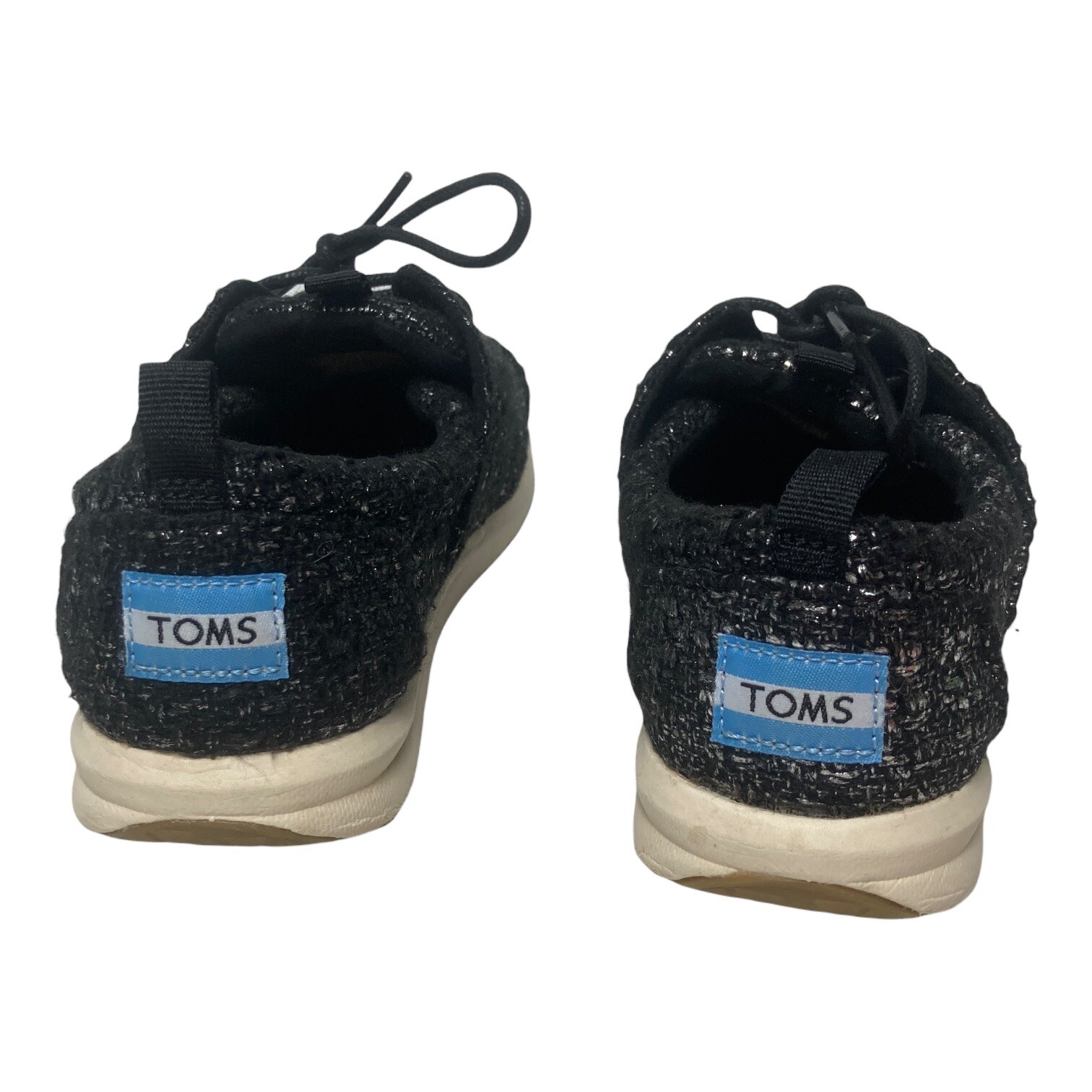Toms Del Rey Women Size 6.5 EU 37 Textured Fabric Black Silver Lace Up Sneakers