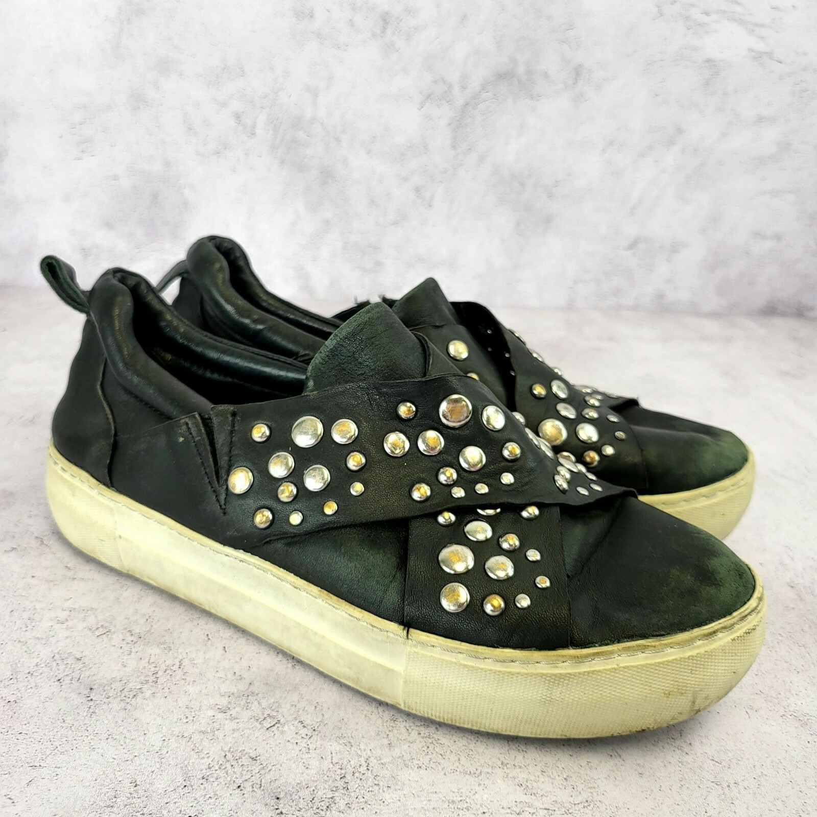 Y2K Indie Sleaze Studded Sneakers Womens 6.5 Black Leather Punk Slip On J SLIDES