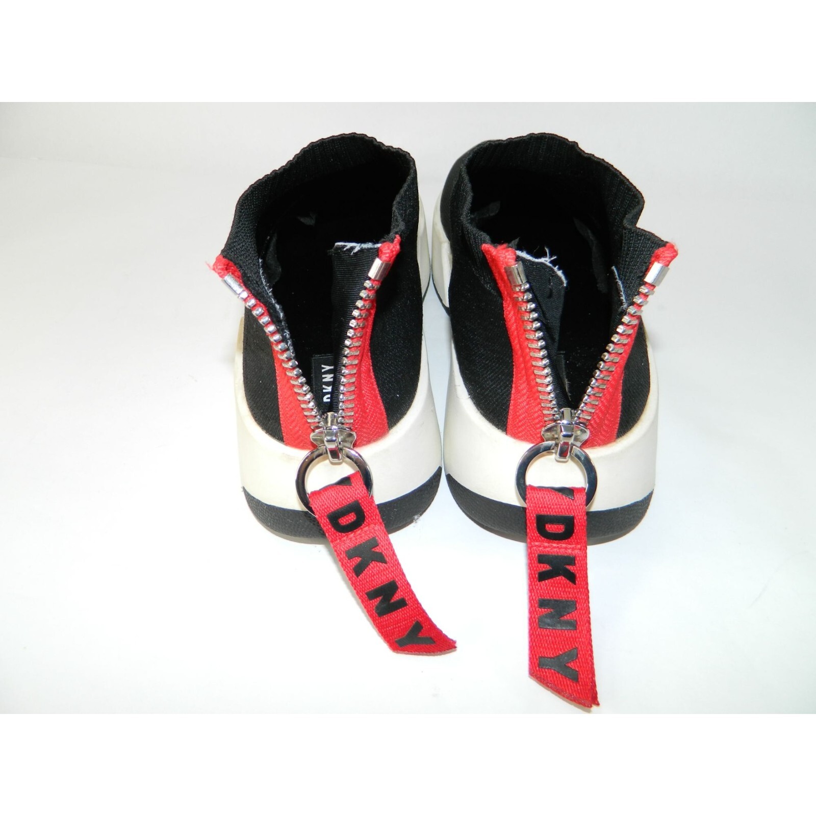 DKNY Marcel Wedge Flat Sneakers Black Stretchy Booties Size 10 Red Stripe Zipper