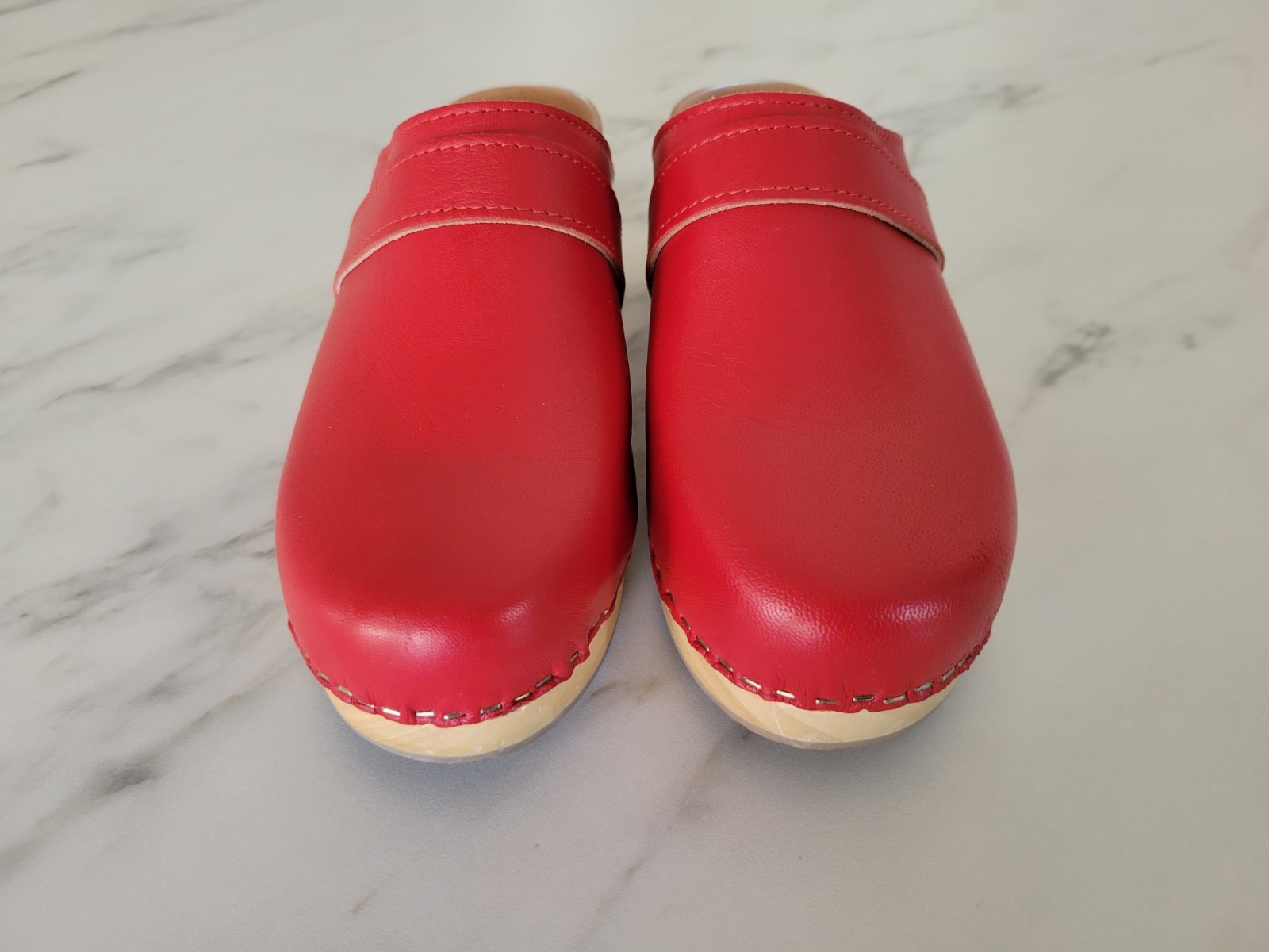 re-souL Red Leather Wooden Clog Mules Italy Womens Size 36 US 5.5 6 Open Back