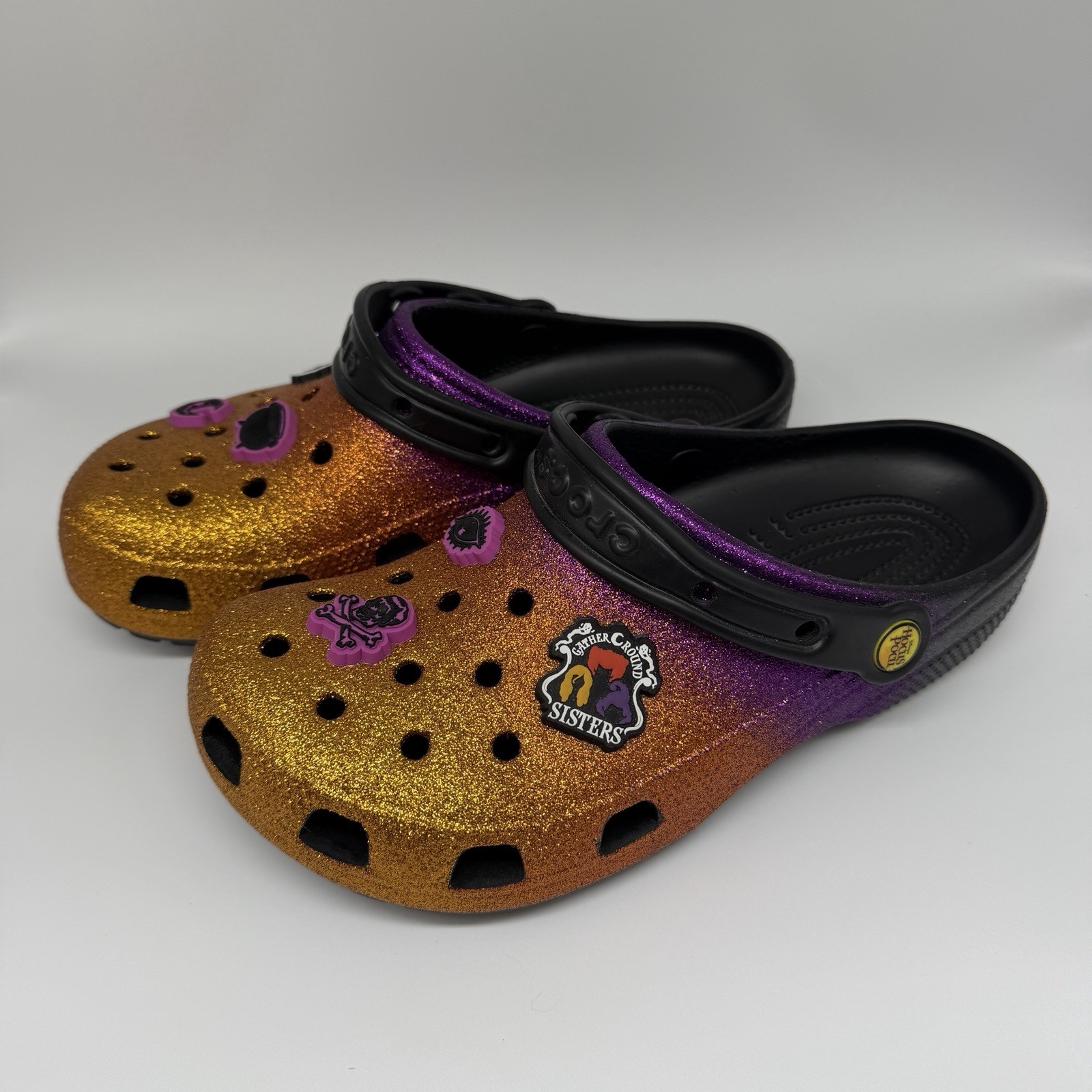 Disney Hocus Pocus Crocs Halloween Glitter Sanderson Sisters Jibbitz Sz W9 NWOT
