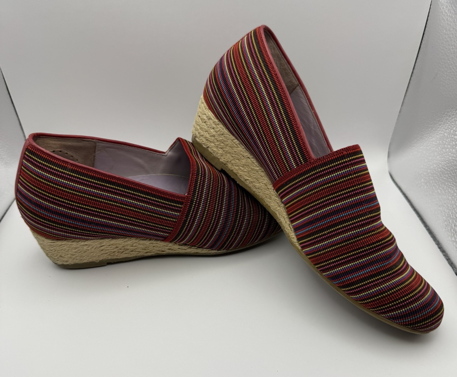 SAS Shoes Becky Jute-Wrapped Wedge Slip-On Red Stripe multi-color 7M Italy