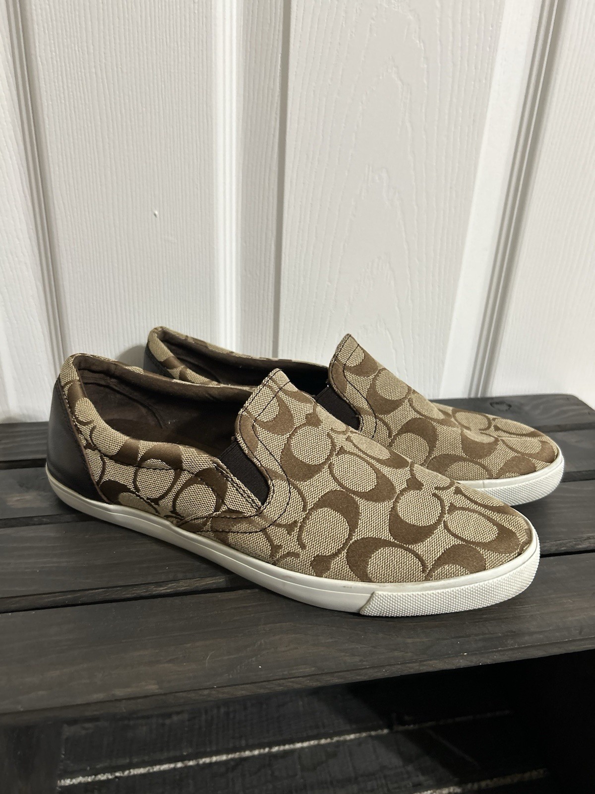 Brown Canvas Coach Allegra Slip On Sneakers W/ Signature Logo Sz 8.5B