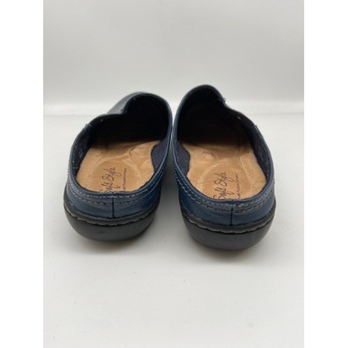 Soft Style Hush Puppies Mules Womens 9 Wide Blue Leather Button Slip On Clogs