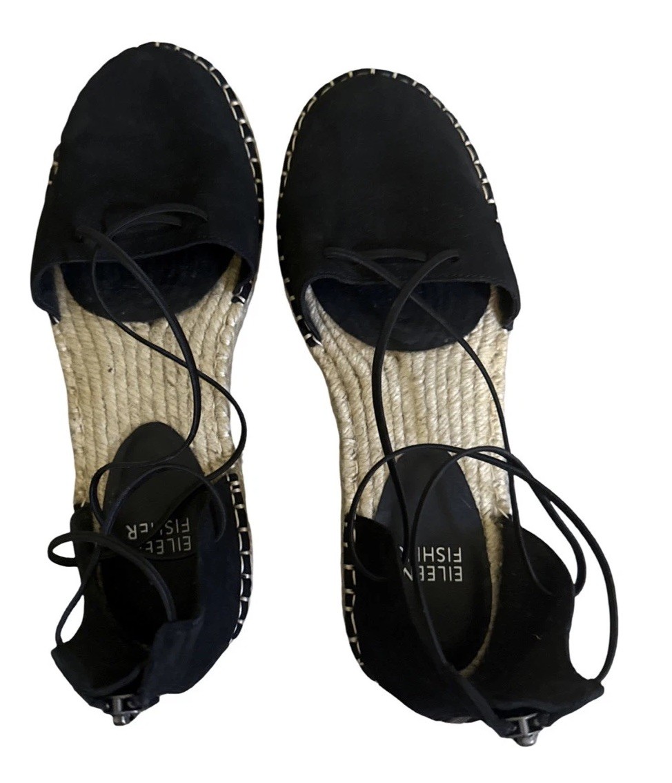 Eileen Fisher Women’s Espadrille Shoe Size 7 Elastic Lace Ankle Strap Flat Black