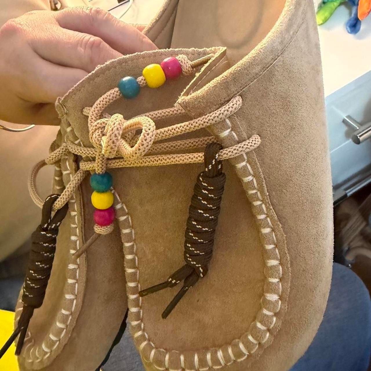 Tan Suede Moccasin Mule Clogs with Colorful Beaded Laces