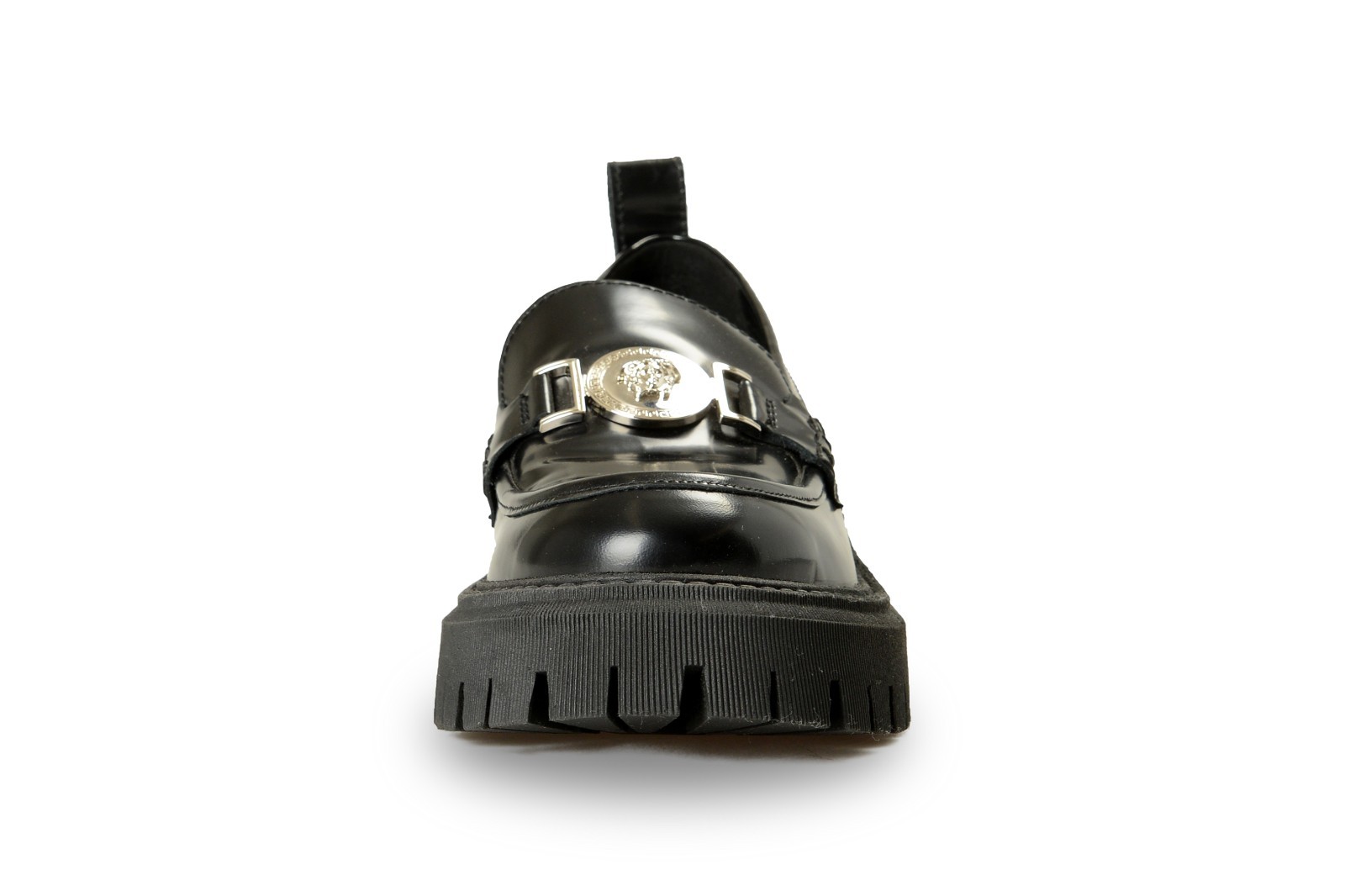 Versace Women’s Black 100% Leather Silver Medusa Head Loafers Shoes US 9 IT 39