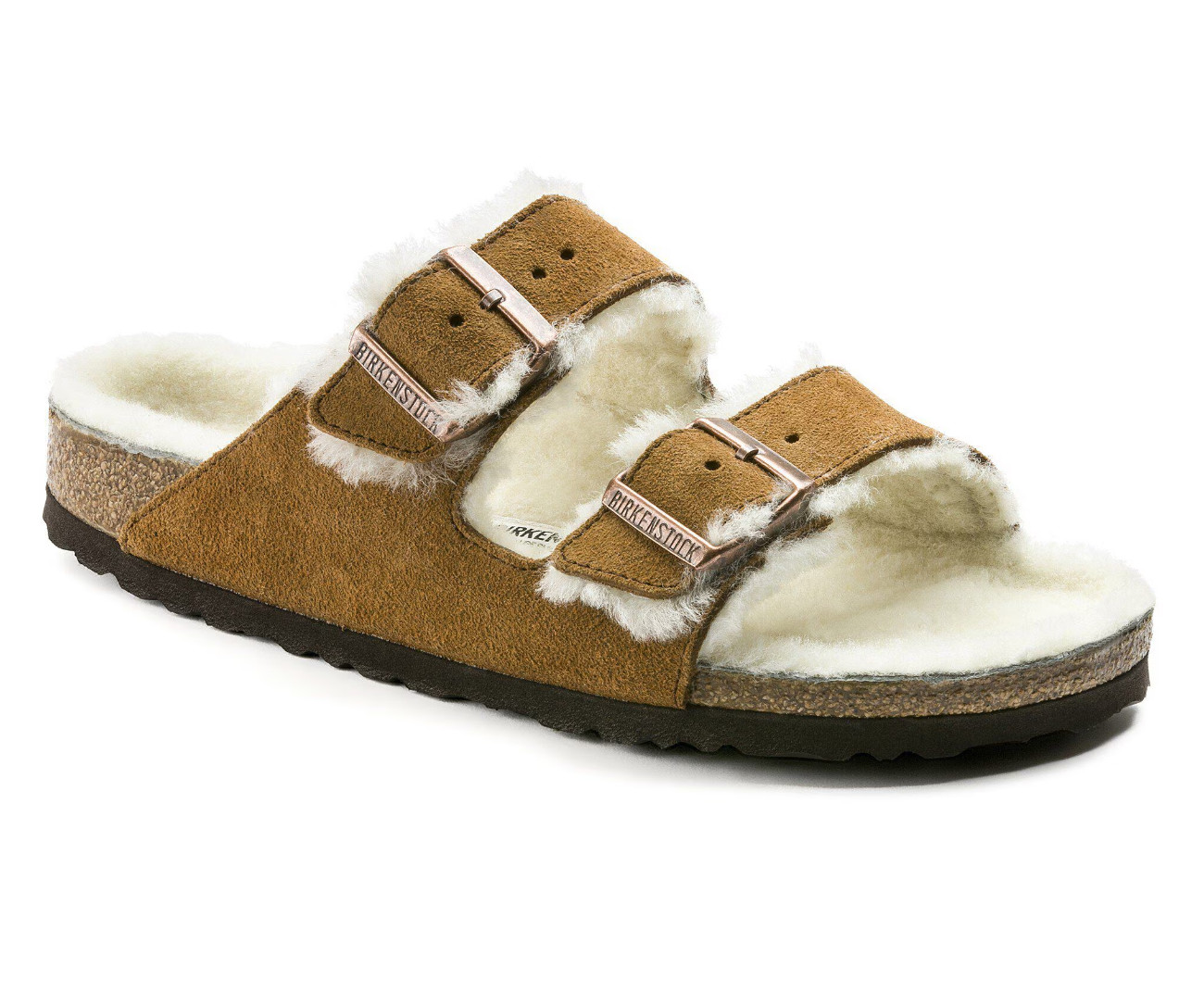 Birkenstock Arizona Shearling Suede Leather in Mink Platform Two-Strap Sandals