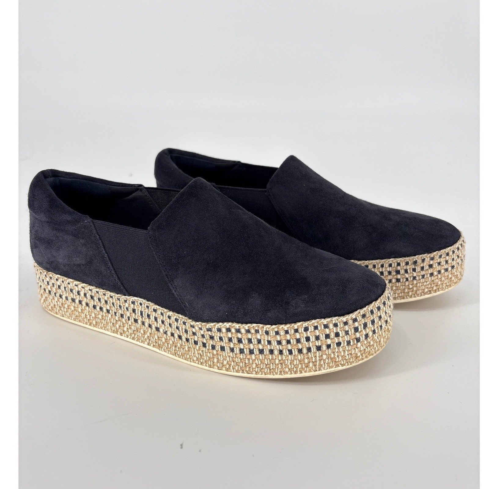 Vince Black Suede Platform Espadrille Slip On Sneakers Size 6.5 Woven Raffia