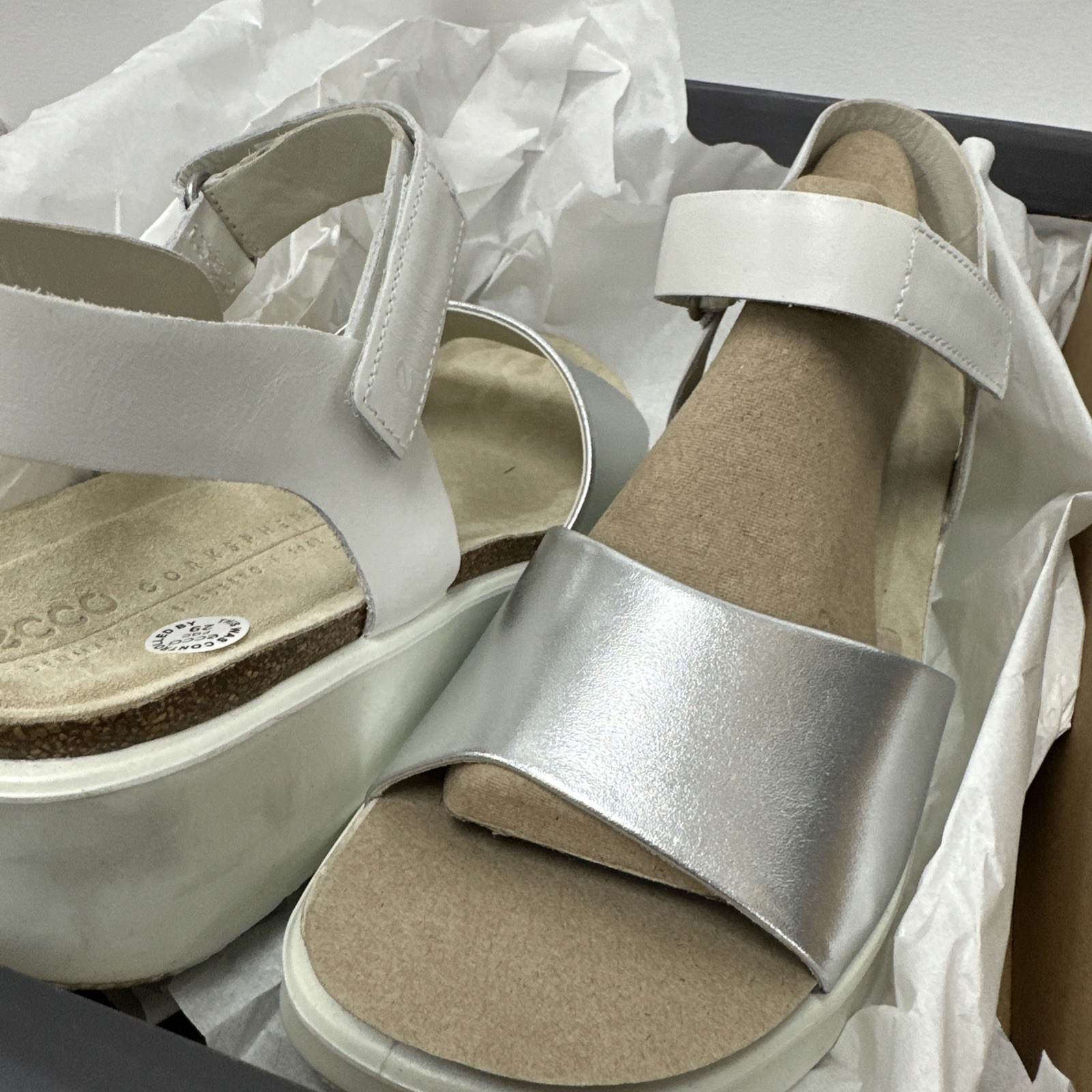 ECCO 272313 – Flowt Wedge Cork Sandals – Silver / White 60989 – Size 9-9.5