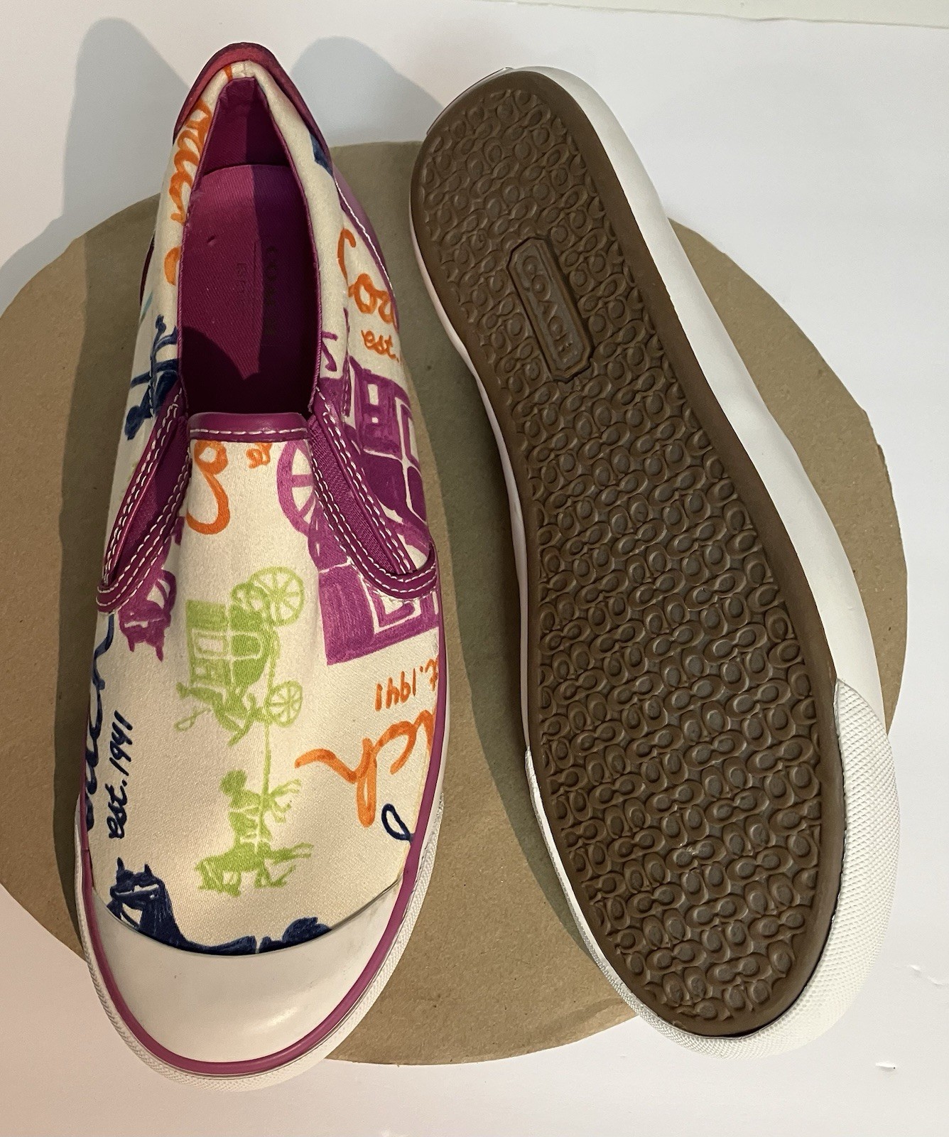 Coach Beale Slip On Sneakers White Multi-color Scribble Logo Signature Women 8.5