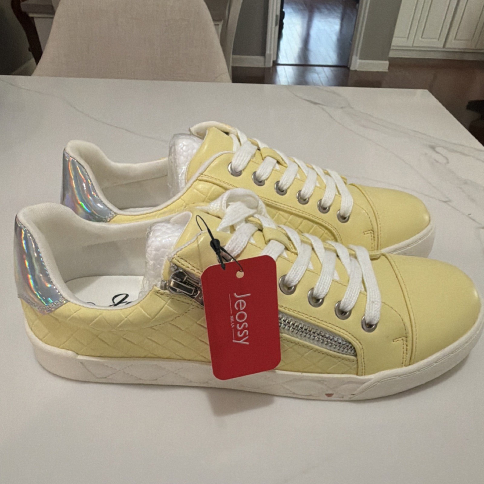 Jeossy Yellow Synthetic Lace-Up Sneaker Side Zipper Round Toe Unisex US 9