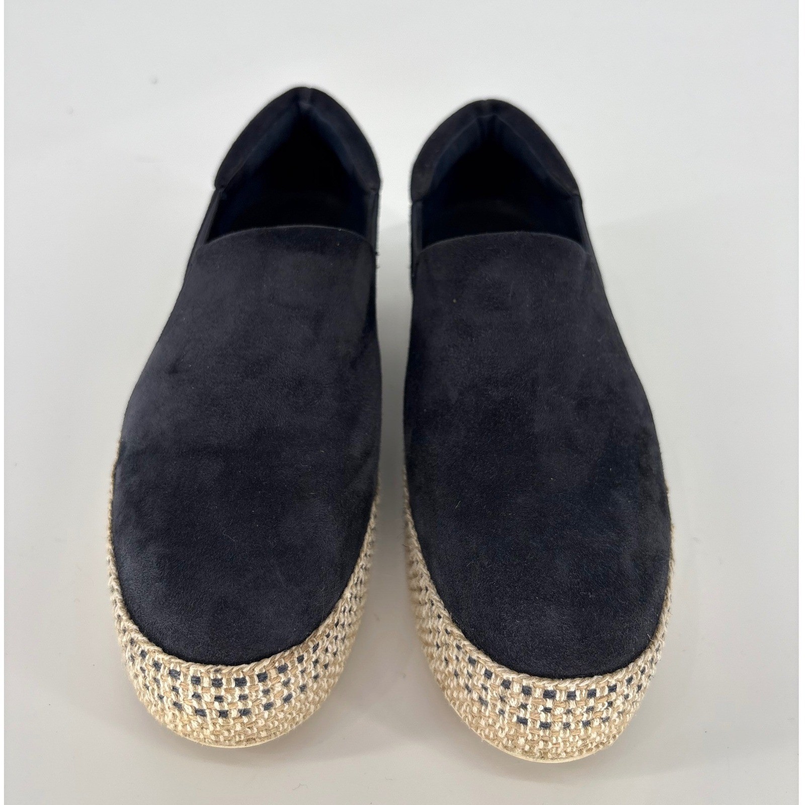 Vince Black Suede Platform Espadrille Slip On Sneakers Size 6.5 Woven Raffia