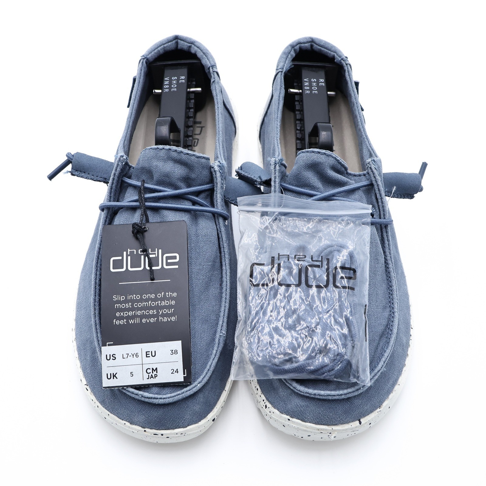 NWT HEY DUDE Women’s US 7 Steel Blue White Canvas Wendy Casual Slip On Shoes