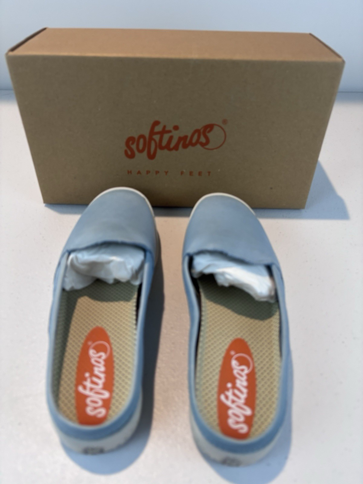 Softinos by FLY London IMO Washed Leather Mules Pastel Blue EU 36 NIB