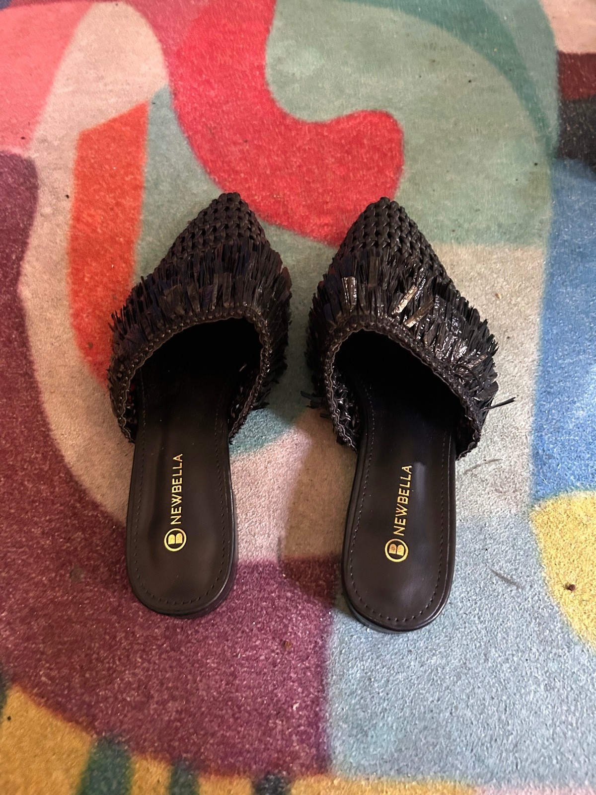 Newbella Black Woven Pointed Toe Slip-On Flats with Fringe Detail