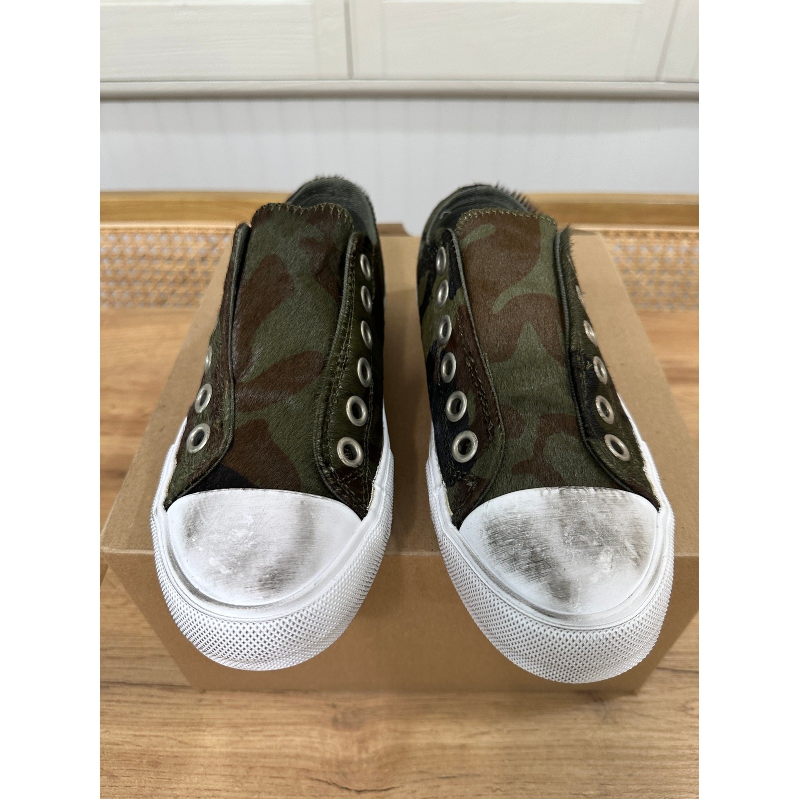 Naughty Monkey Shalomar Sneaker Camo Leather 100% Pony Hair Sz 6 NWOB Distressed
