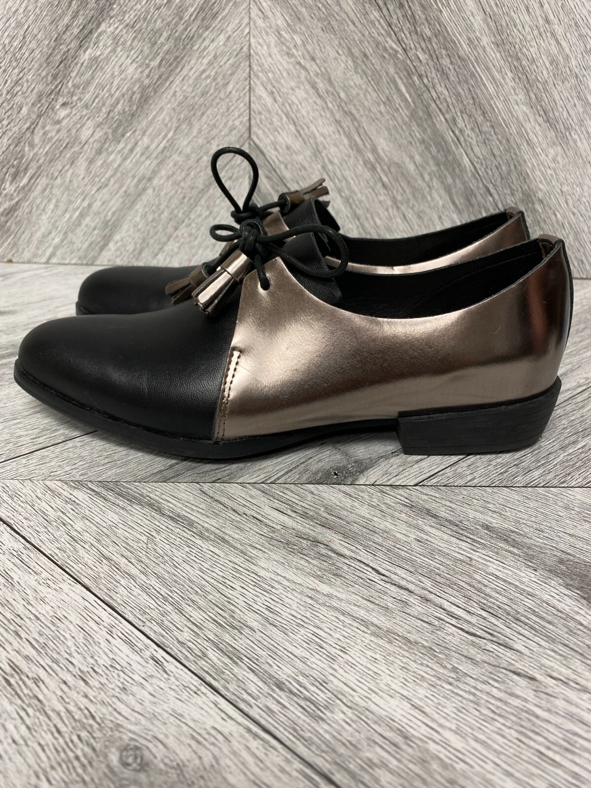 All Black Womens Black Silver Leather Colorblock Tassel Oxford Slip-On Shoes 36