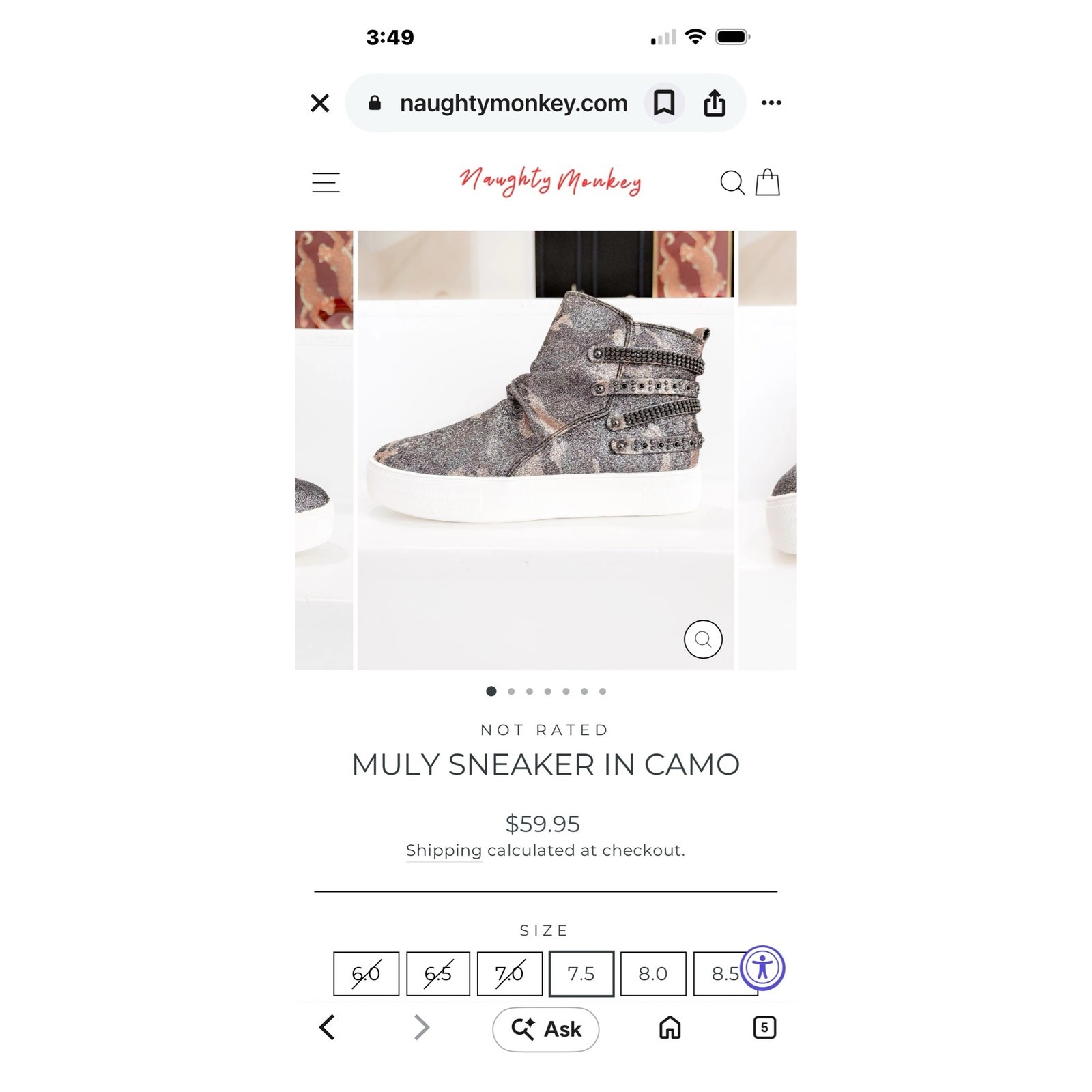 NOT RATED MULY SNEAKER IN CAMO Size 7.5