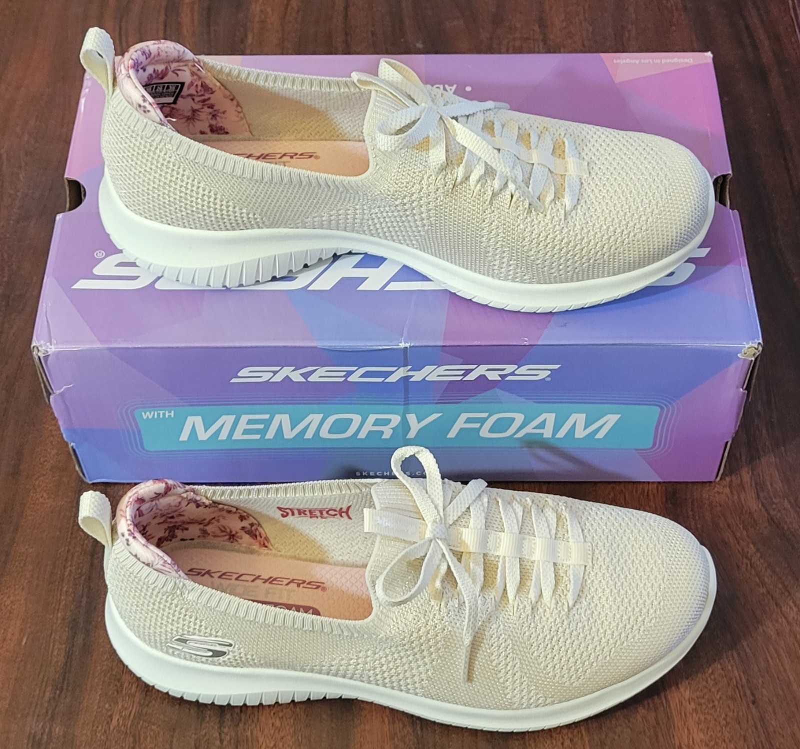 Skechers Women’s 9W Slip-on Faux Tie Flourishing Views-Natural