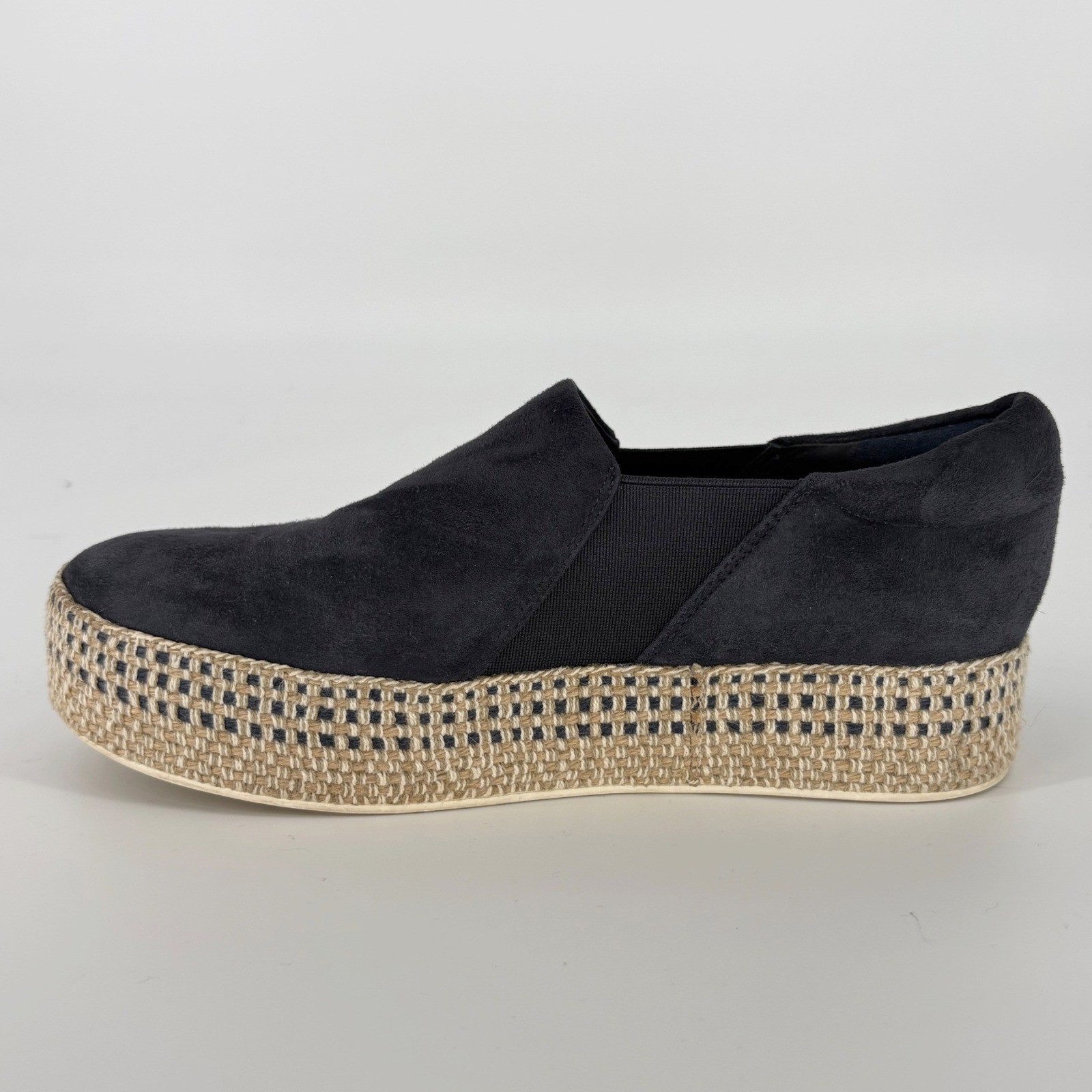 Vince Black Suede Platform Espadrille Slip On Sneakers Size 6.5 Woven Raffia