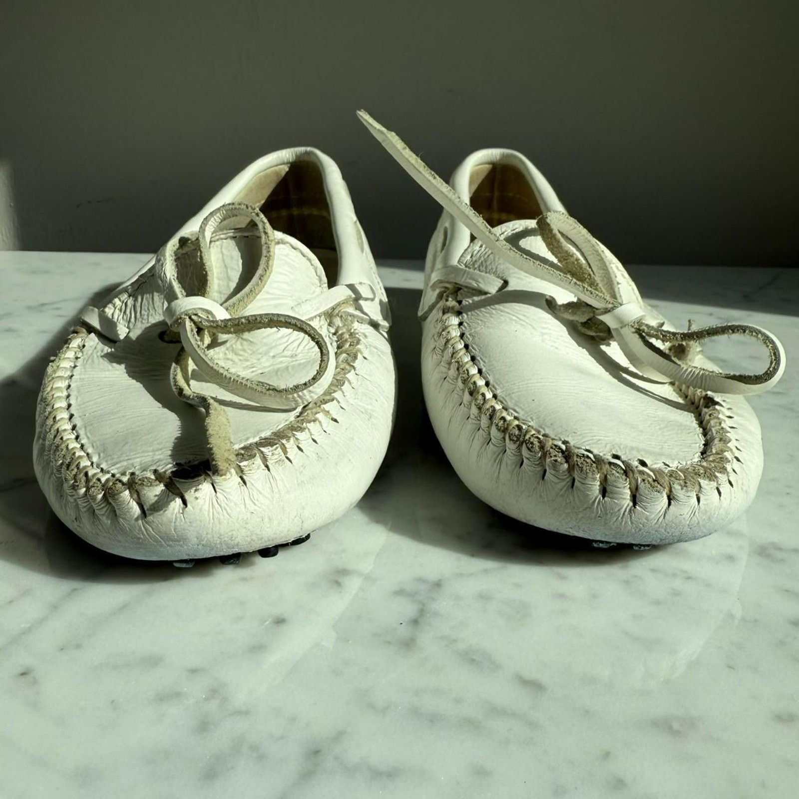 Minnetonka Classic Leather Driver Moccasins White Made in USA