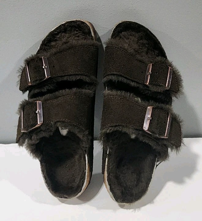 Birkenstock Arizona Shearling Suede Leather Mocha Two-Strap Sandals Sizes 37