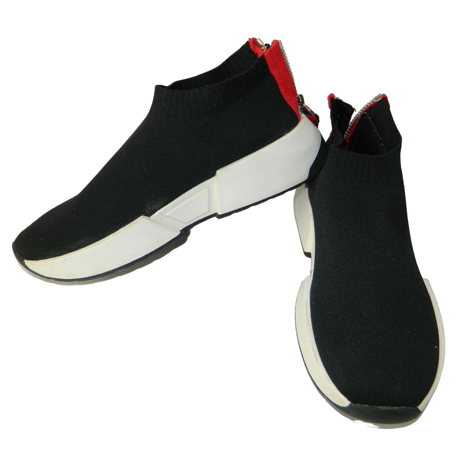 DKNY Marcel Wedge Flat Sneakers Black Stretchy Booties Size 10 Red Stripe Zipper