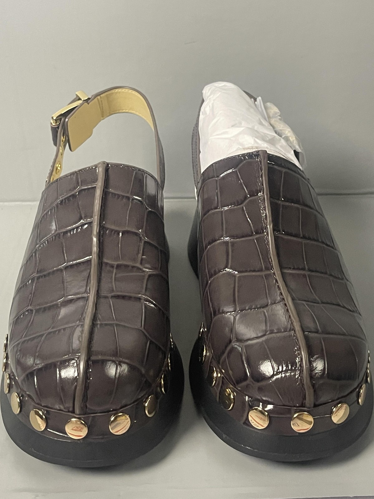 Michael Kors Esra Clog Shoes Womens Size 5 Brown Leather Studded Platform Clogs
