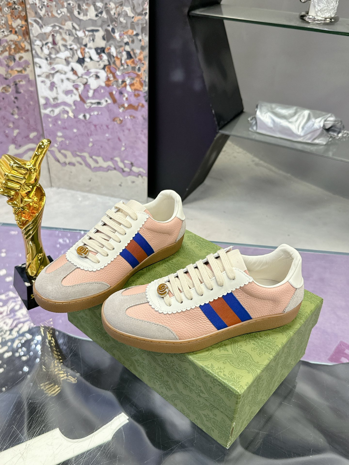 Gucci Pink Grey Suede Web Stripe Vintage German Trainer Women’s Sneakers