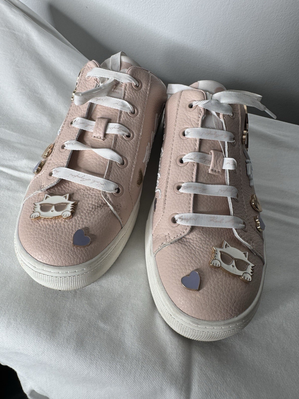 Women Karl LagerfeldCate Pins Charm Lace Up Open heel Sneak Pink Leather Shoe7,5