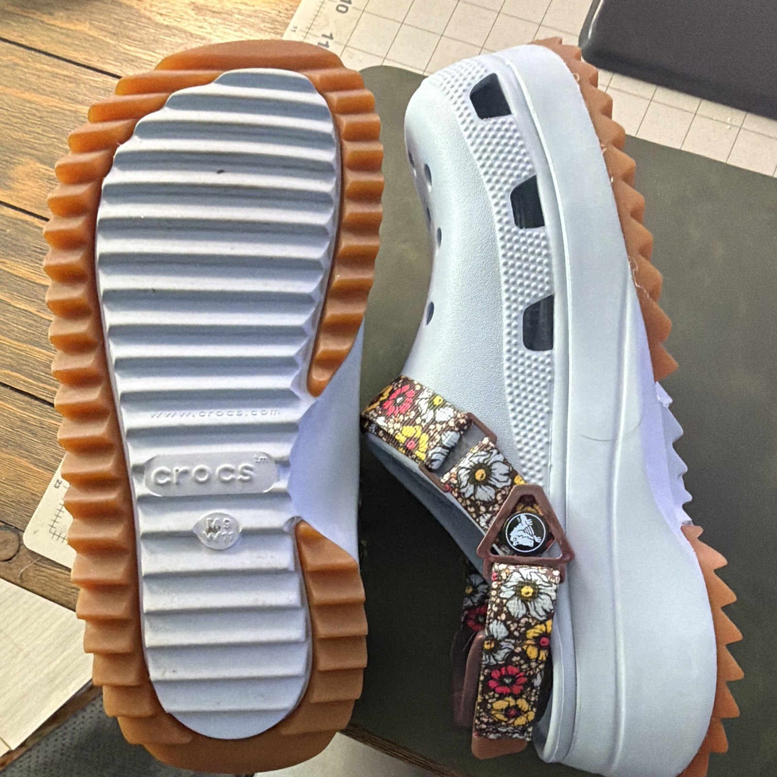 Crocs pale blue Slip-On Platform Clogs Sandals Adjustable strap, US M9 W11