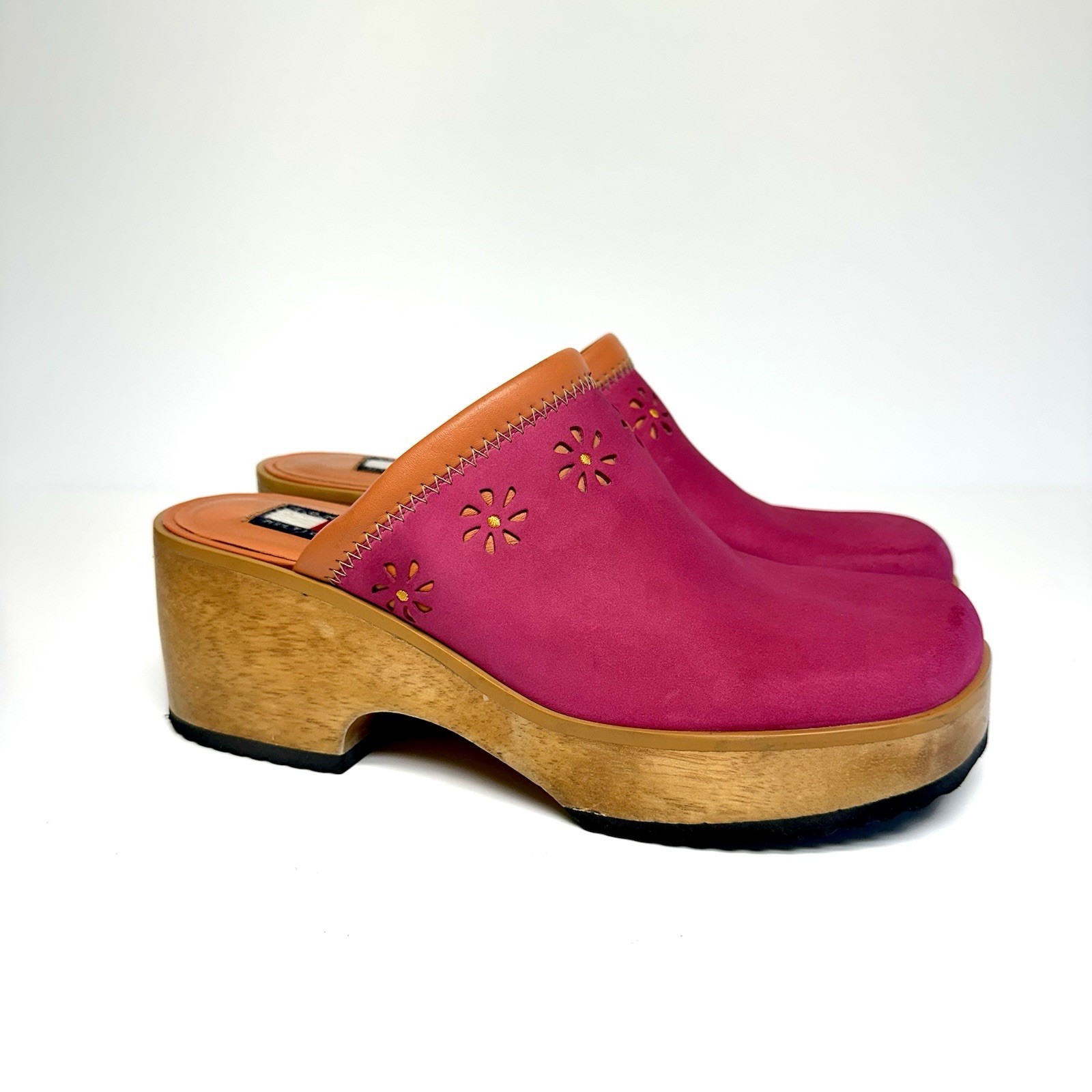 Vintage Tommy Hilfiger Y2K Hot Pink Leather Platform Clogs Mules Cutout Women 9