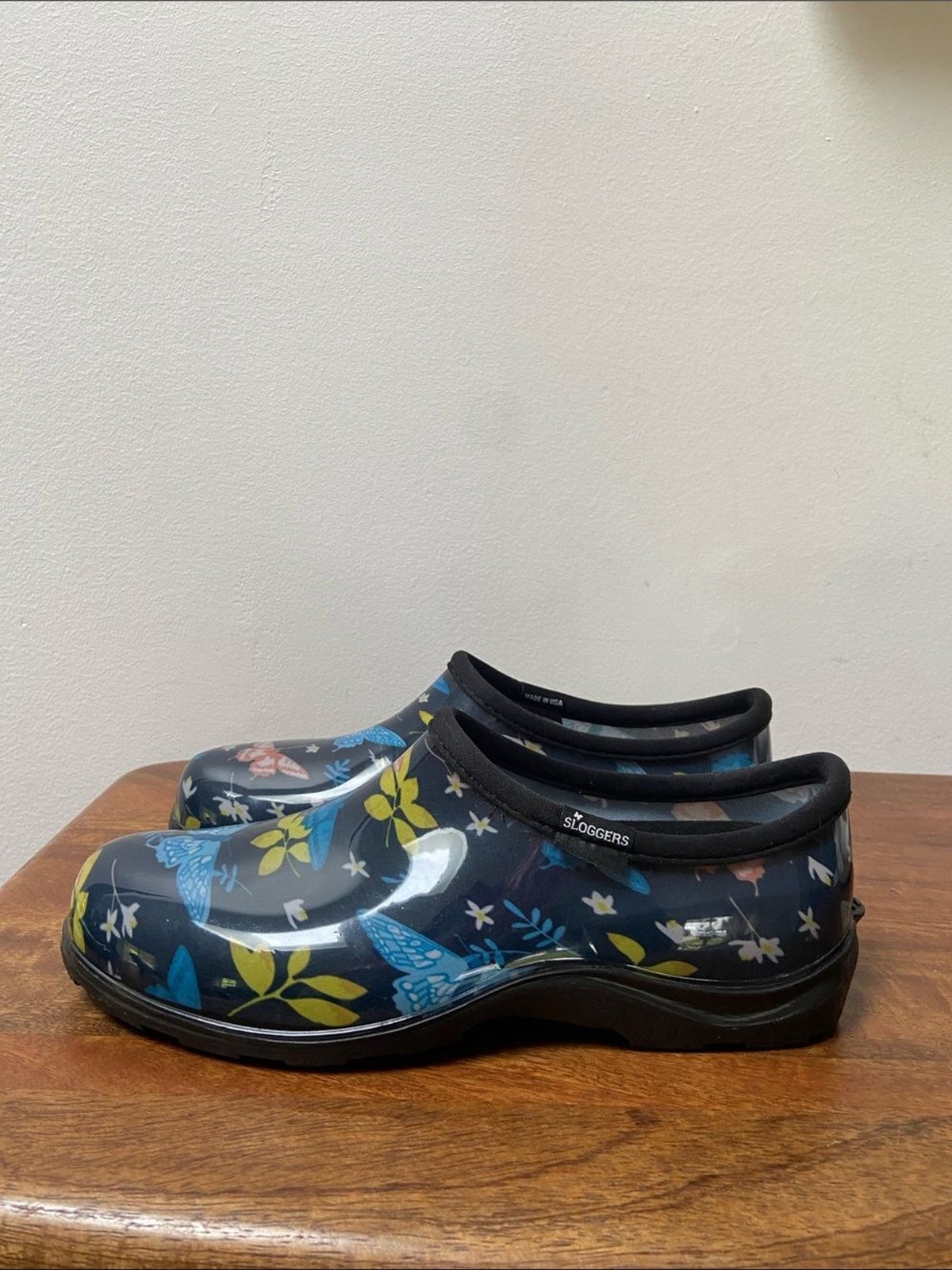 Sloggers Floral Butterfly Slip-On Clogs – Navy with Blue, Yellow & Coral Accents