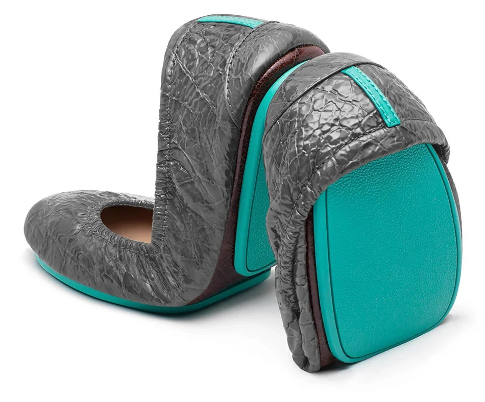 Tieks Ballet Flat Shoes Womens 7 Slate Grey Croc Patent Leather with heel bag