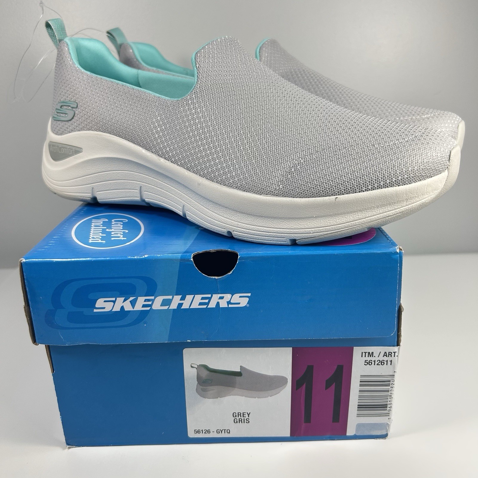 New Skechers Arch Support Shoes Women’s Size 11 Slip On Walking Light Grey Aqua