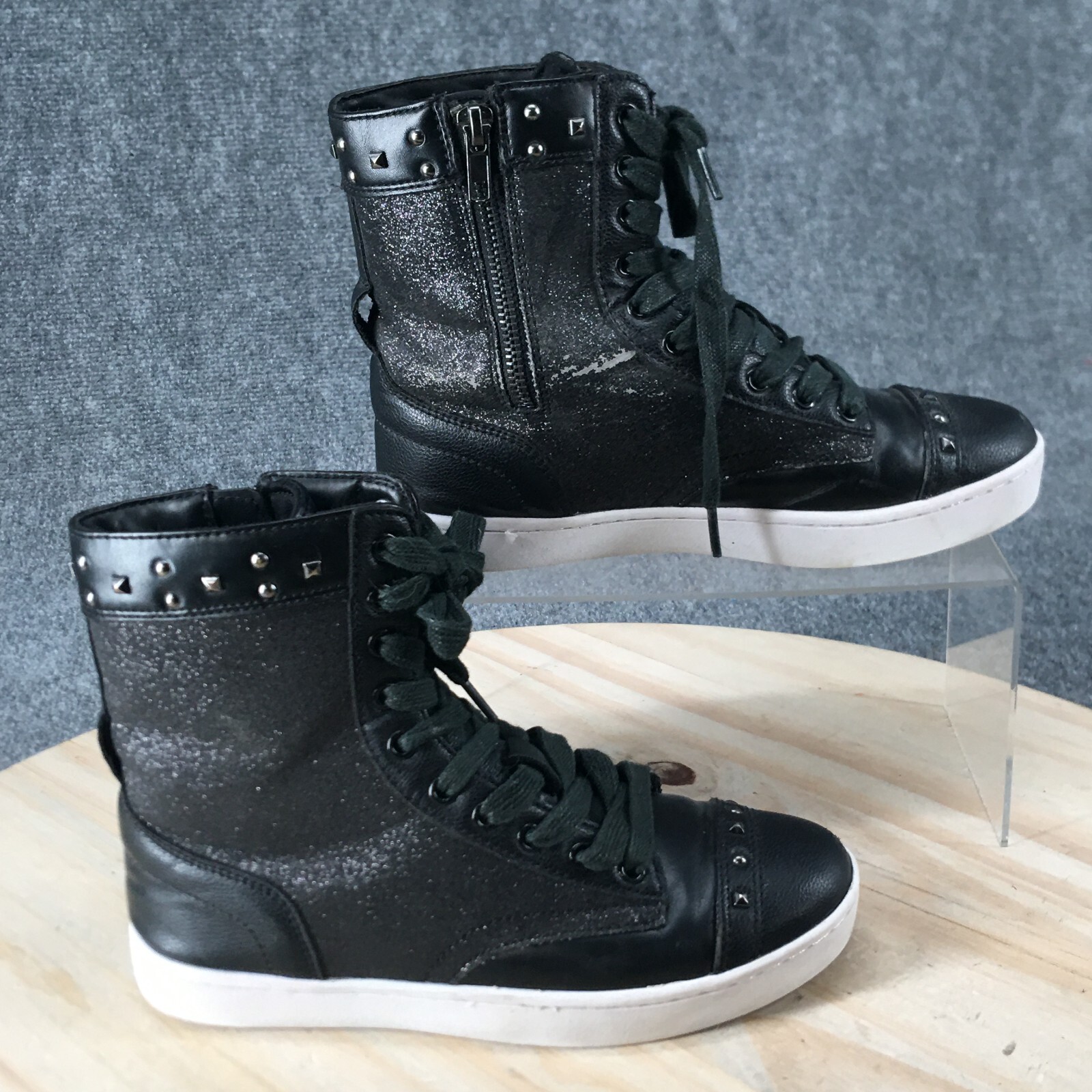 Pastry Shoes Womens 5.5 High Top Sneakers Black Glittered Faux Leather Lace Up