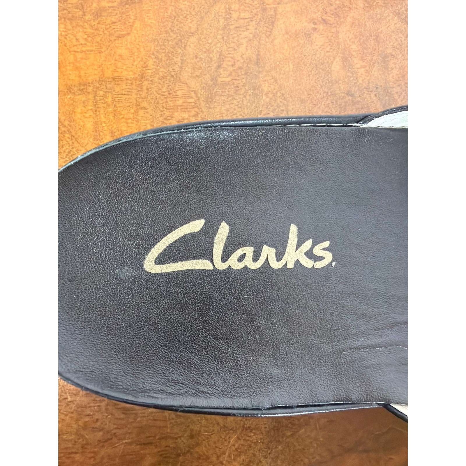 Clarks Black White Contrast Stitch Leather Mary Jane Mules Adj Strap Size 10