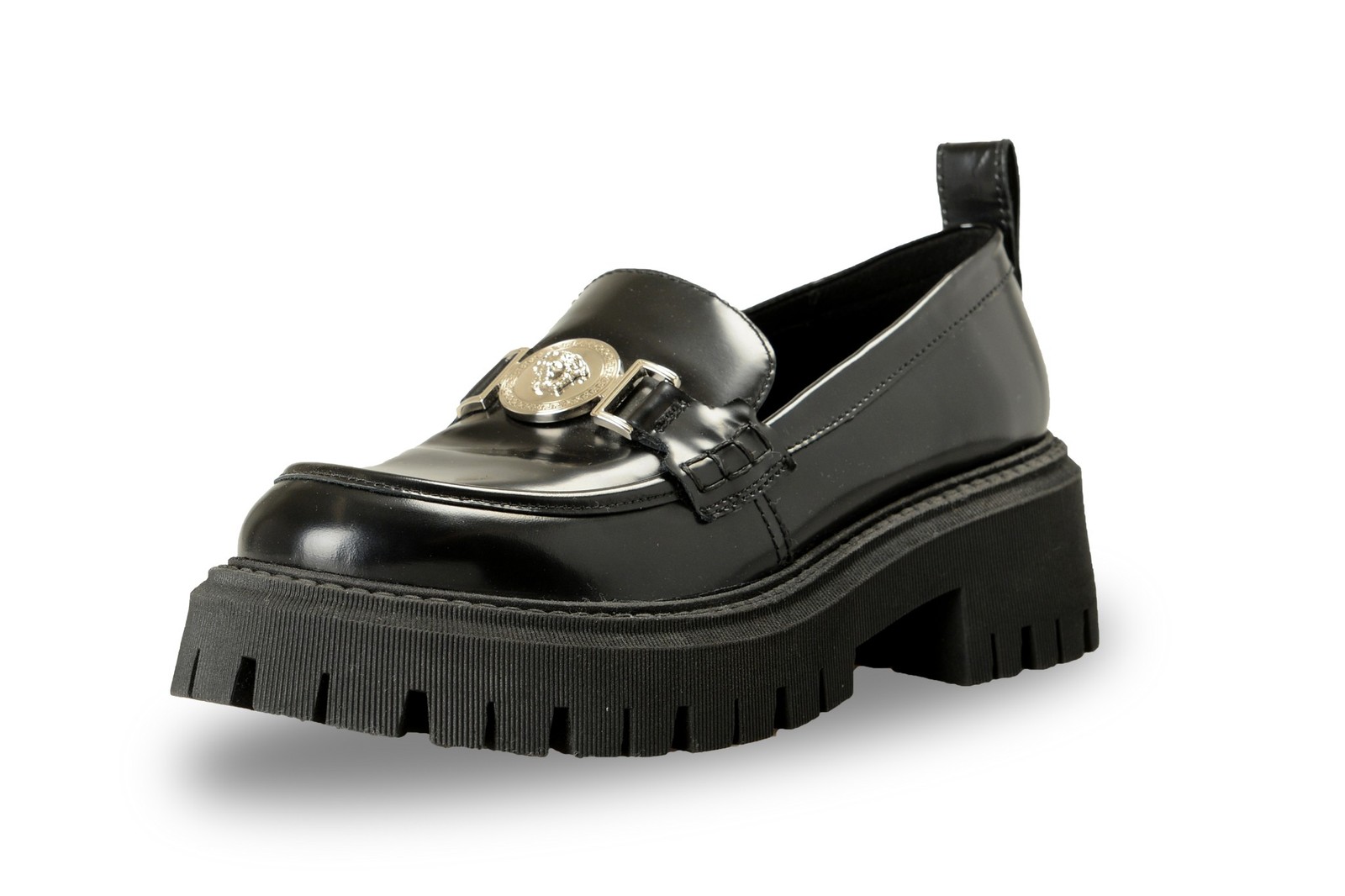 Versace Women’s Black 100% Leather Silver Medusa Head Loafers Shoes US 8 IT 38