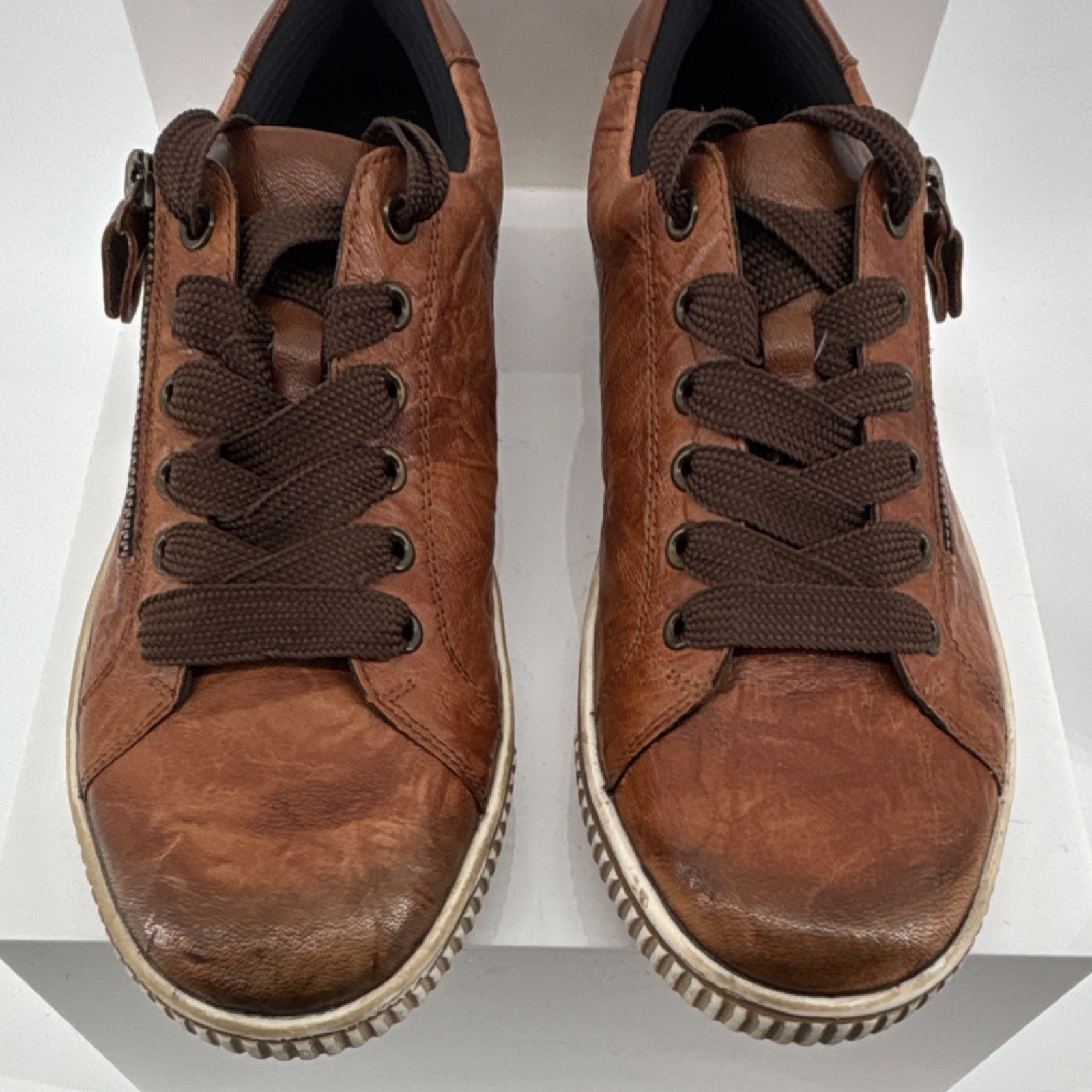 Remonte Brown Leather Lace-Up Sneakers Zipper Logo Women US 9.5 EU 41 Comfort