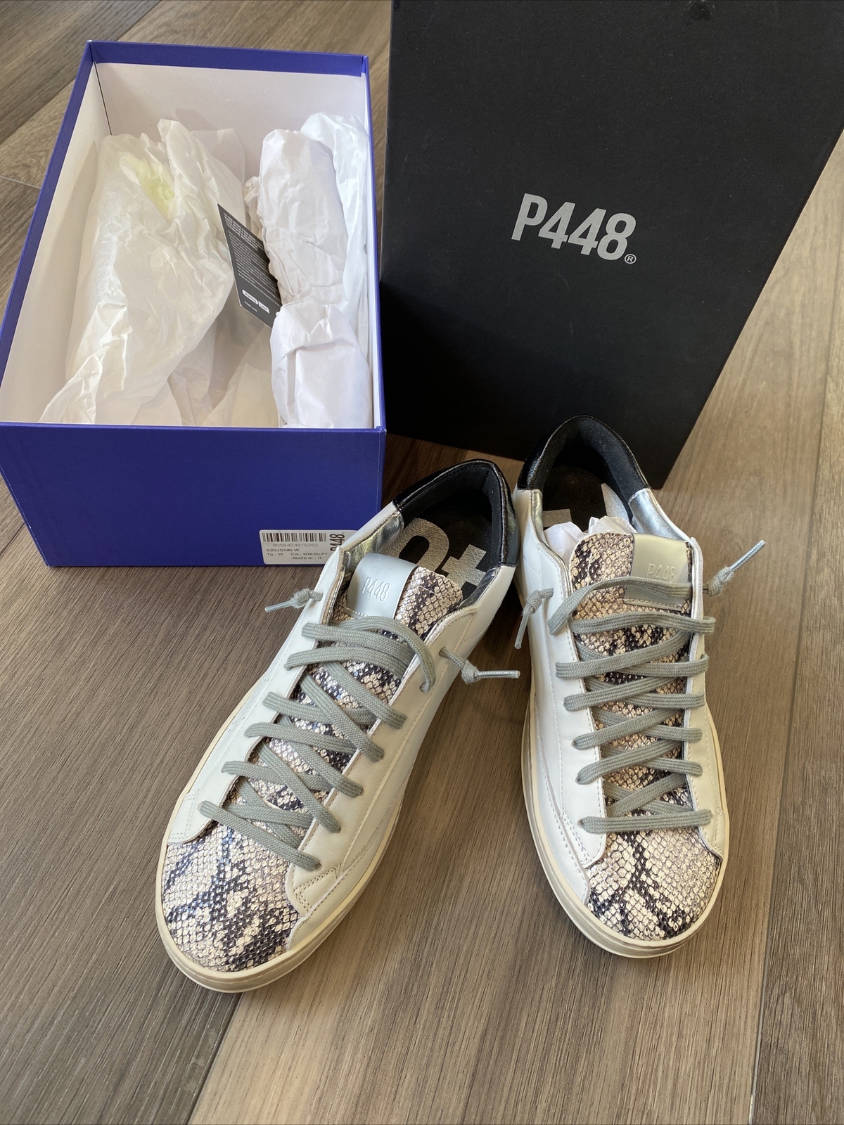 P448 John Embellished Snake Print Low Top White Sneakers (Size 39) NEW Shoes