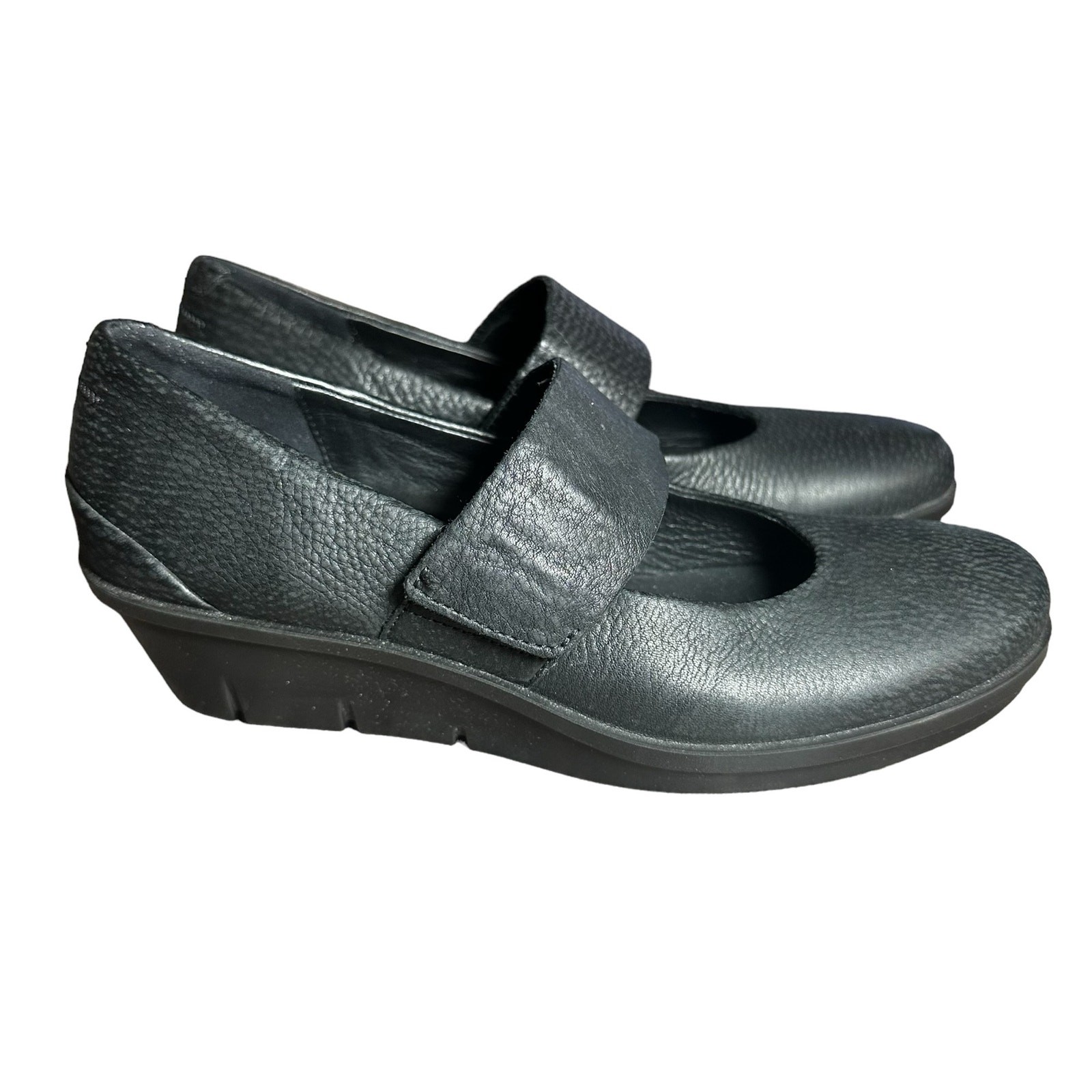 Ecco Skyler Mary Jane Black Leather Wedges Size 38 US 7 comfort hook and loop