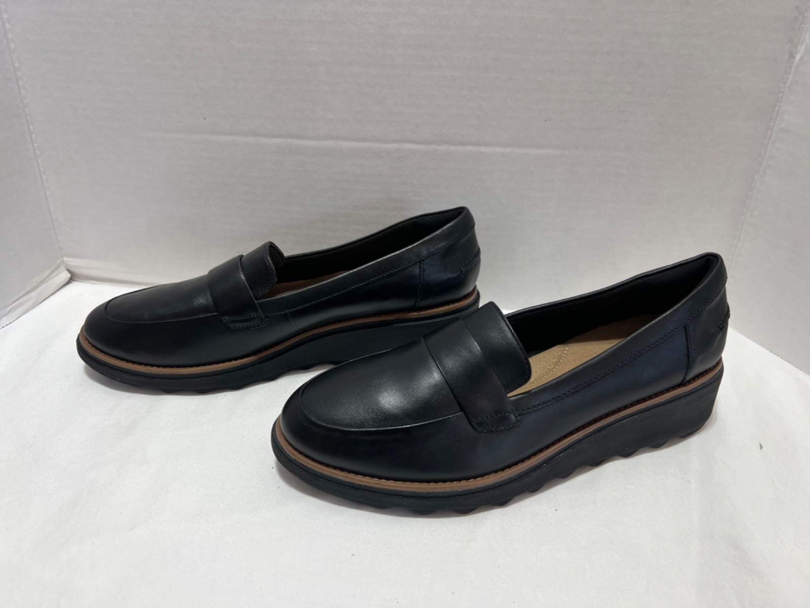 Women’s, Clarks Sharon Gracie Loafers ,9 .5 W, Black, Leather Wedge Shoes